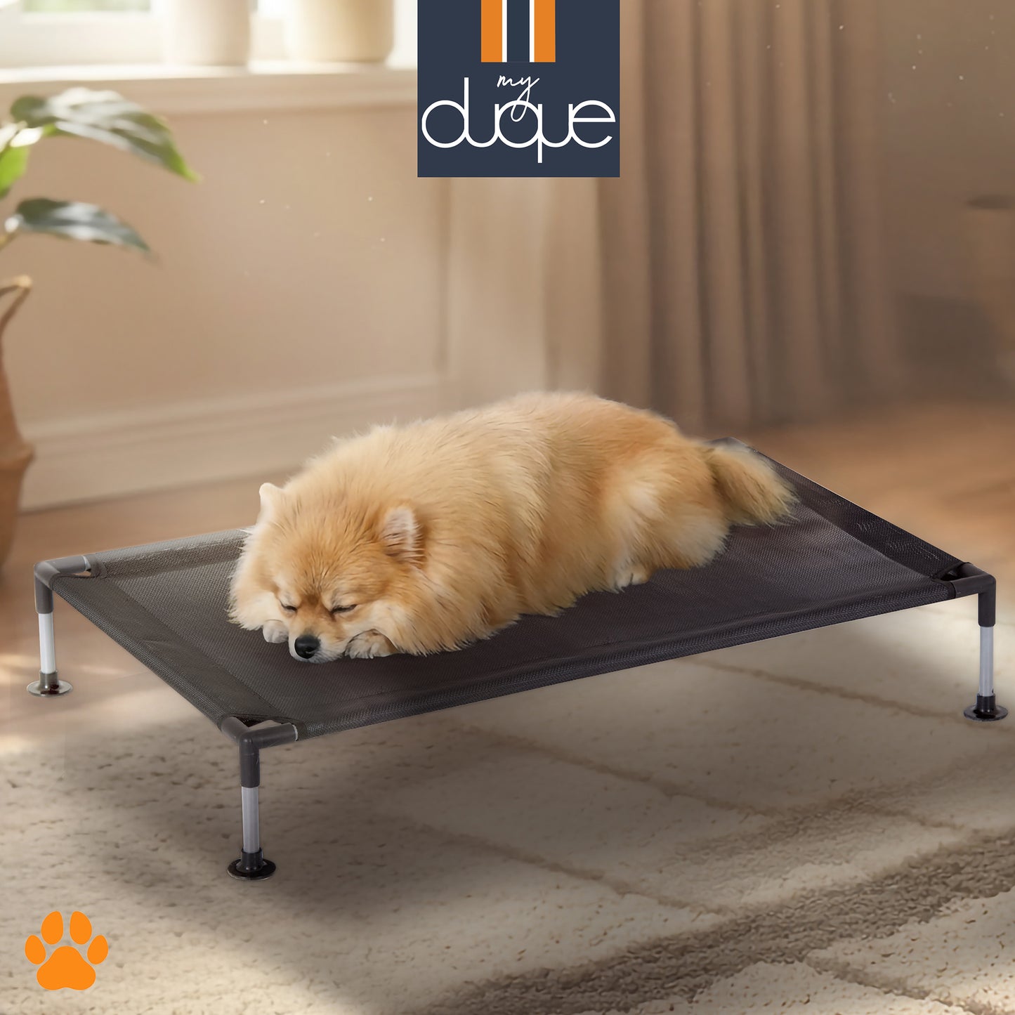 My Duque COOLA Pet Bed Small black dog lounger with fluffy tan dog resting