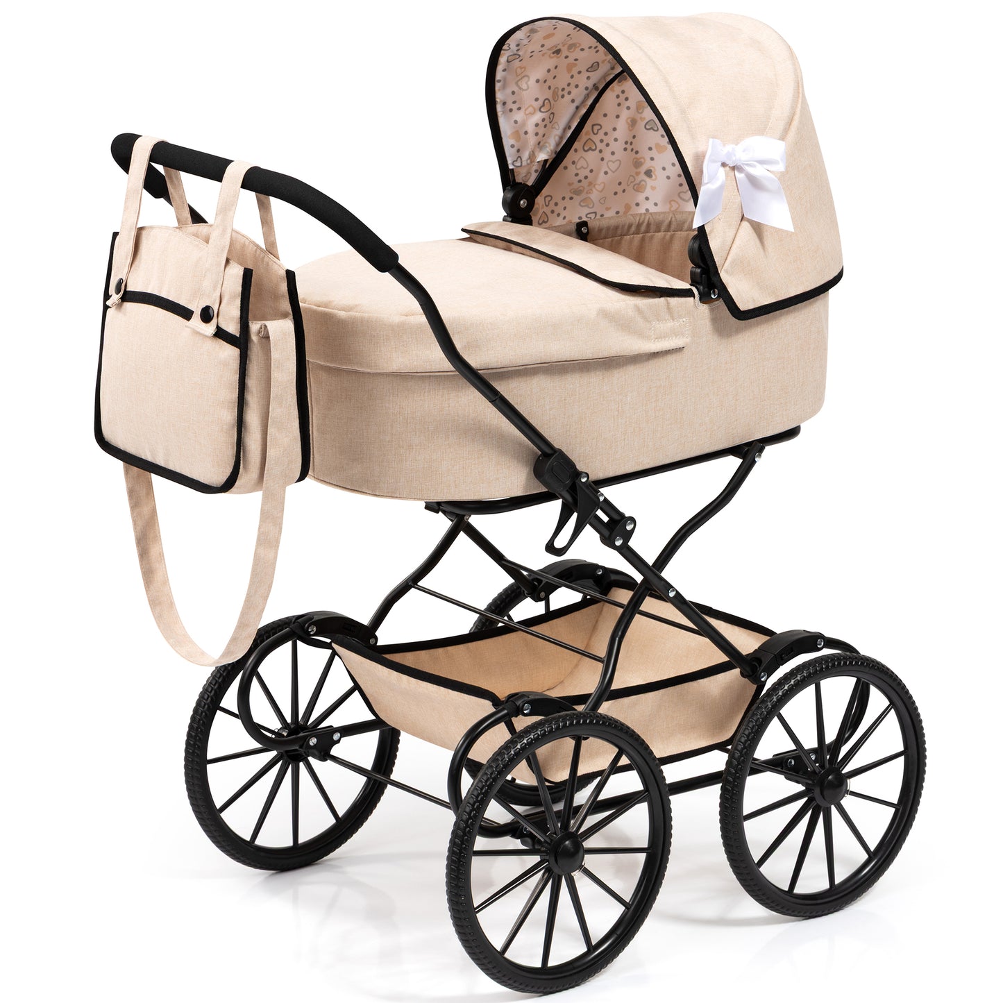 Bayer Design Dolls Pram Classic beige and black doll stroller with canopy