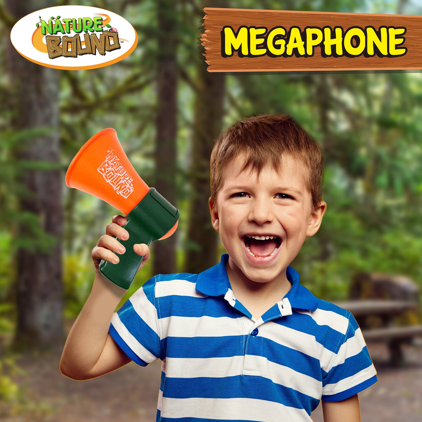 Nature Bound Megaphone in orange and green, held by smiling boy outdoors