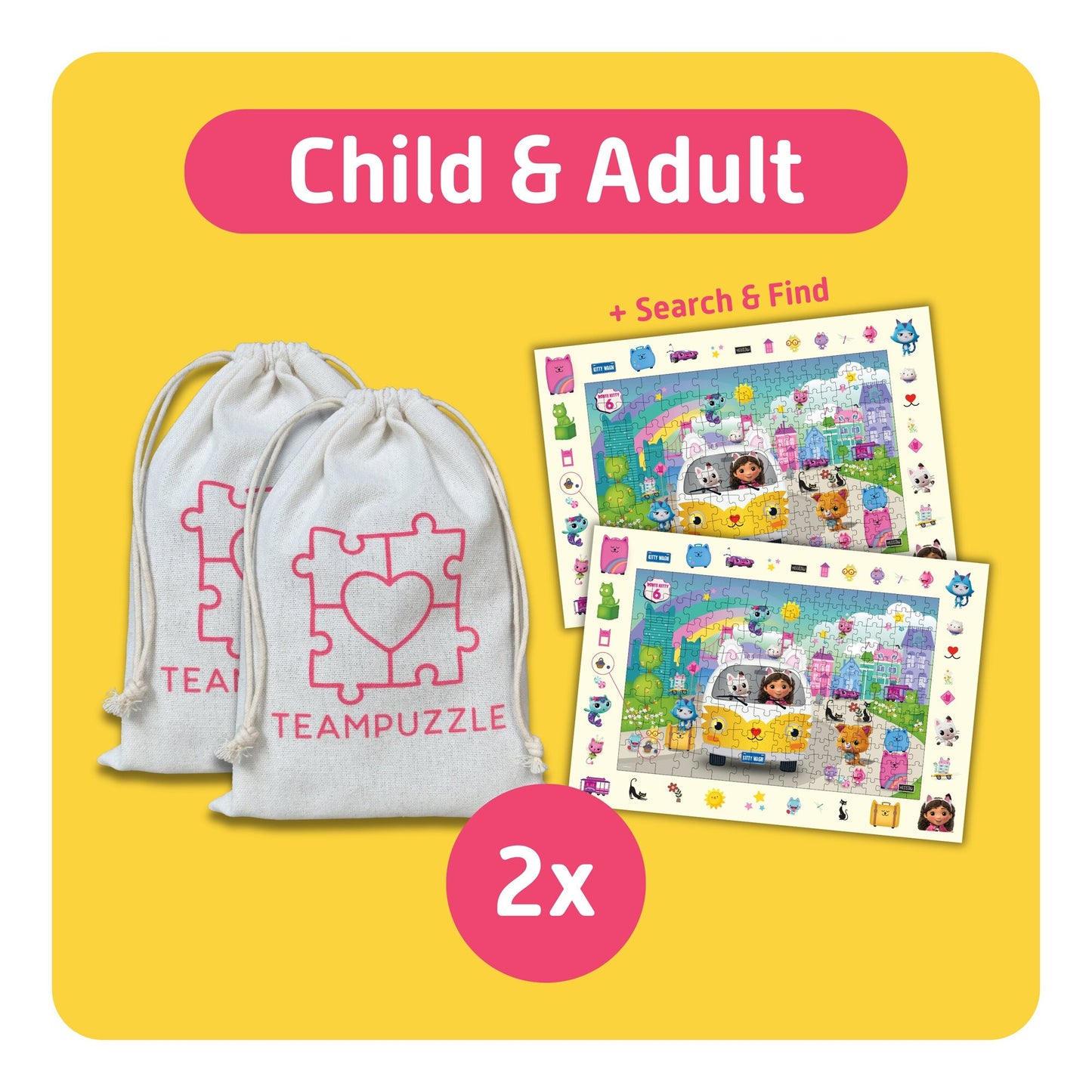 TEAMPUZZLE Gabby's Dollhouse 194pc puzzle set with 2 drawstring bags and search & find cards