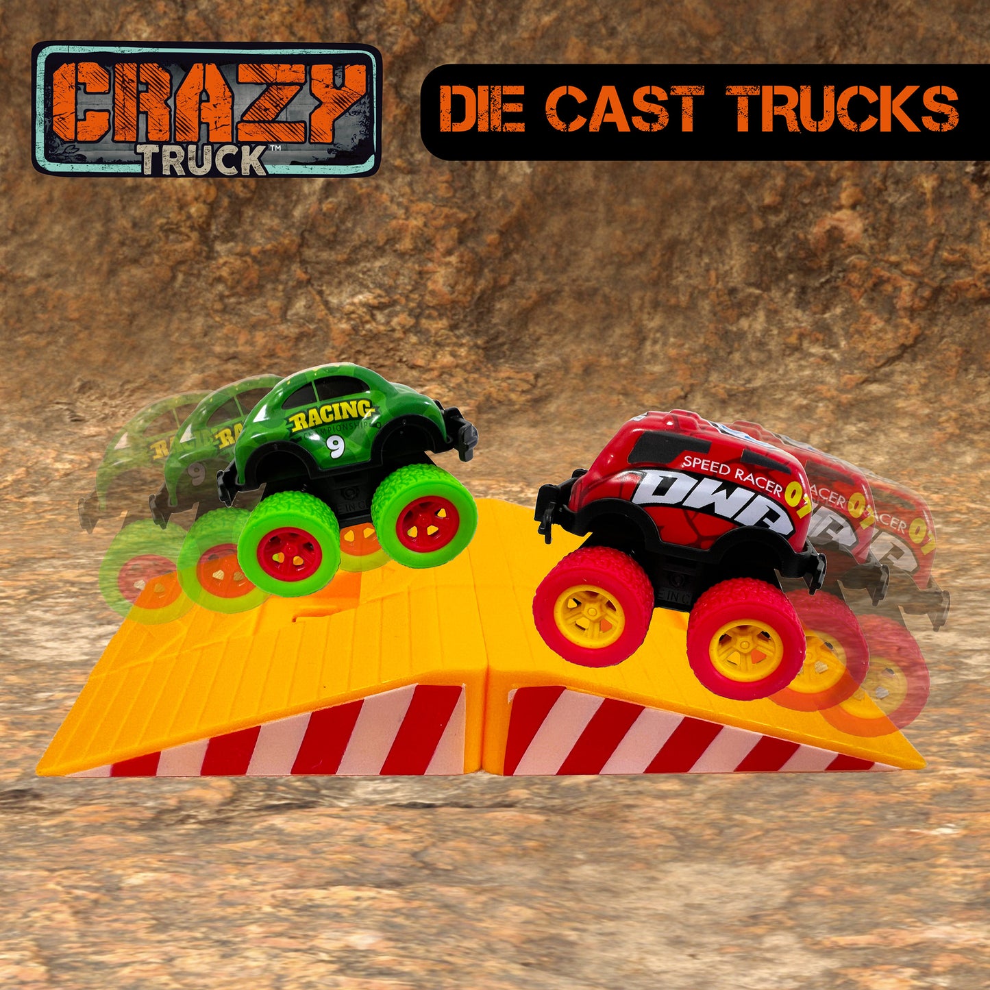 Crazy Truck Die Cast Trucks Set - 10pc Friction Cars & Stunt Ramps for Kids 3+