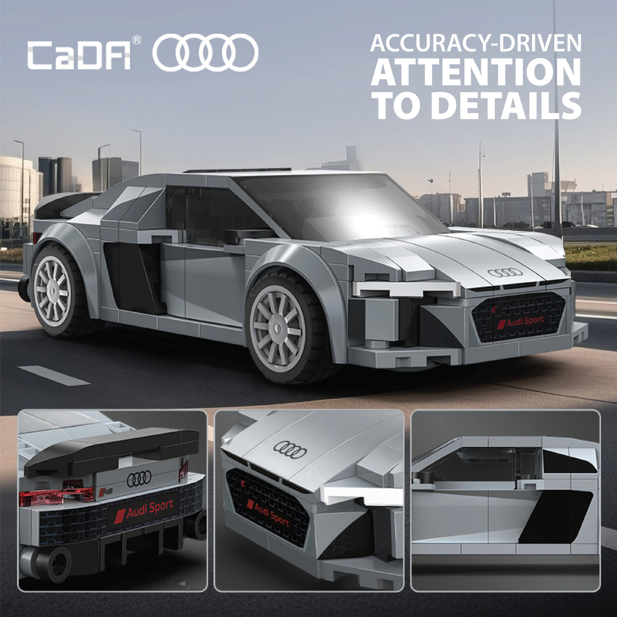 CaDA Audi R8 Coupe building set with white and gray car model shown assembled with detail views of grille, wing, and ...