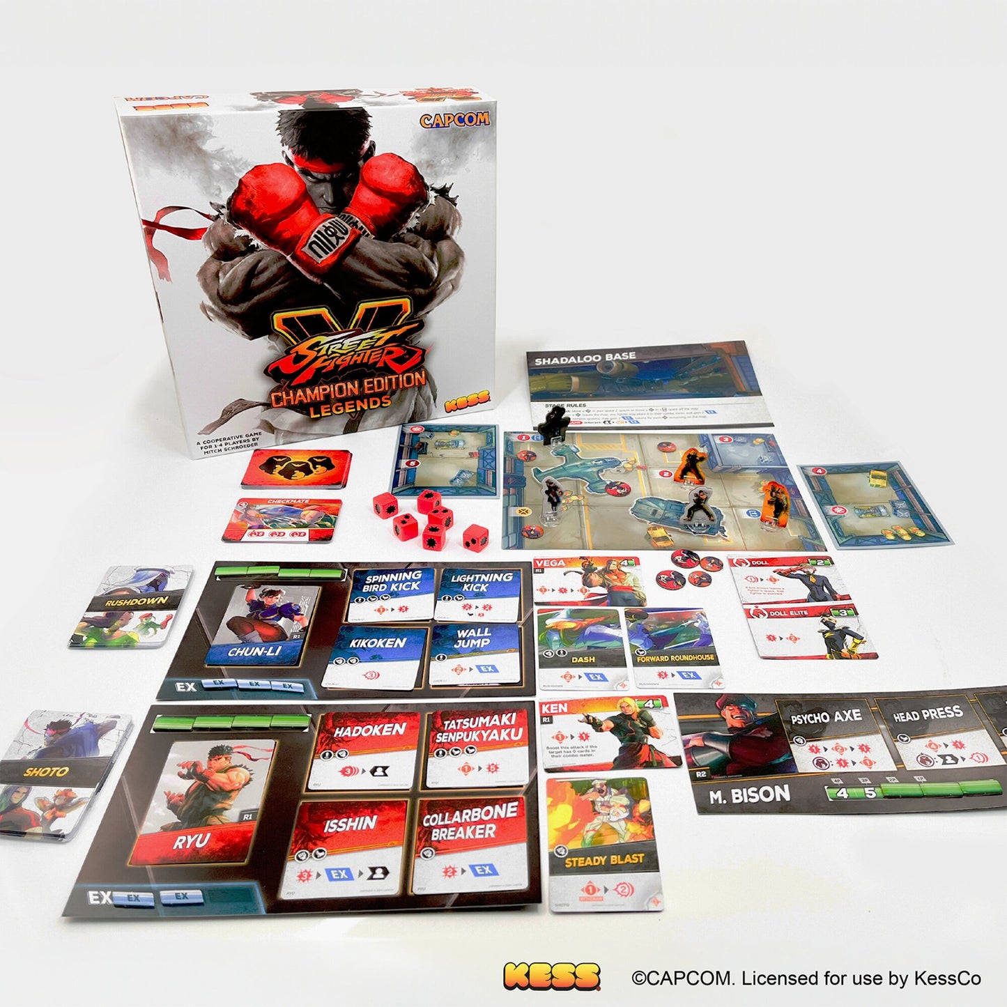 Street Fighter V Champion Edition Legends board game with character cards, dice, and game board displayed