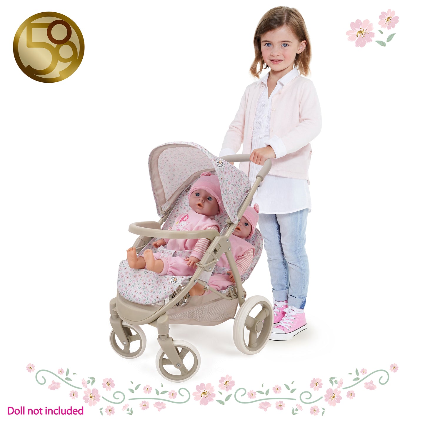 509 Crew Little Flora Mabelle Duo Twin Doll Stroller in pink and cream for kids
