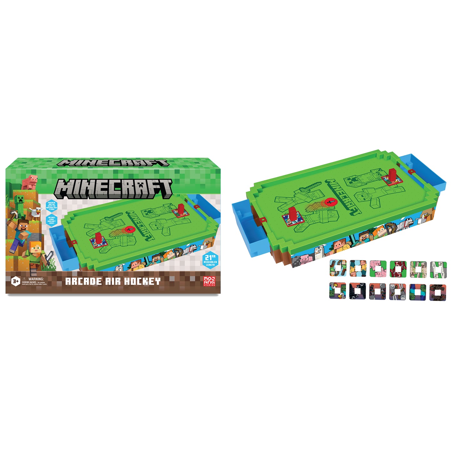 Minecraft Arcade Air Hockey game with green playing surface, blue goals, and character accessories
