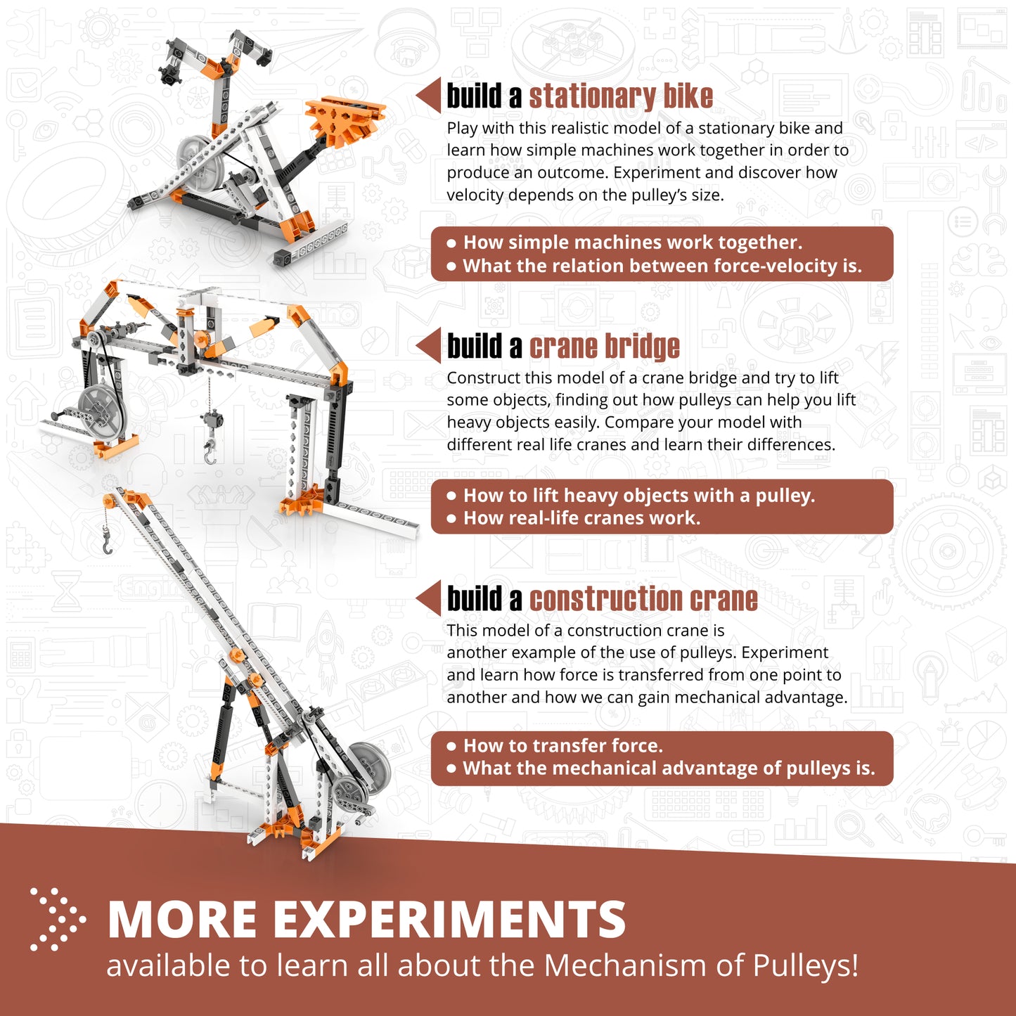 Engino Pulley Drives STEM building set with orange and gray construction models including stationary bike, crane brid...