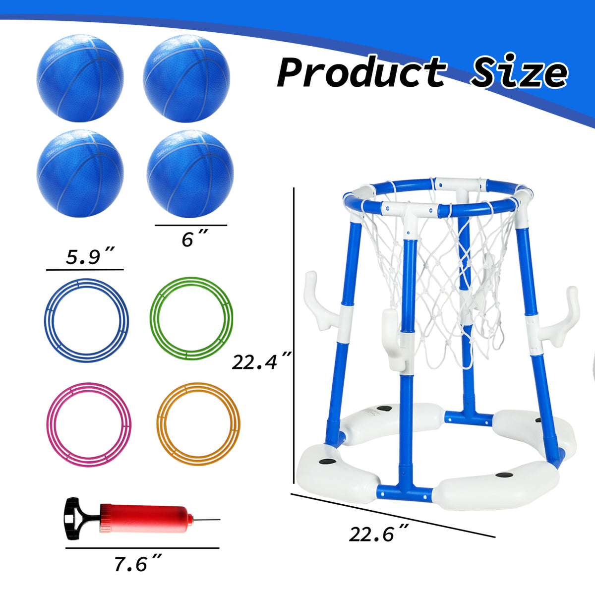EPH 2-In-1 Pool Basketball Hoop in blue and white with 4 basketballs, 4 colored rings, and hand pump