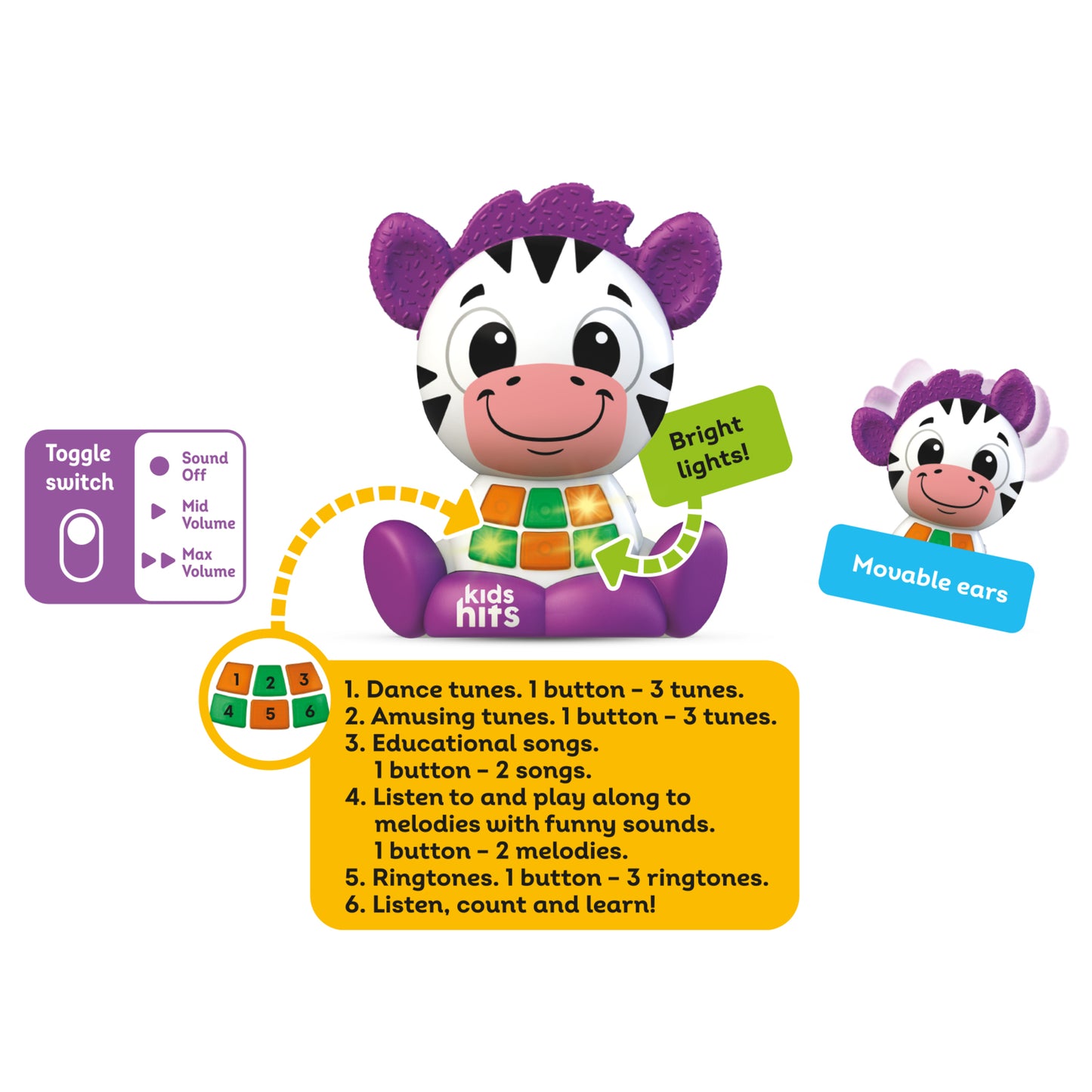 Kids Hits Babykins Zebra toy with purple ears, colorful light-up buttons, and interactive musical features