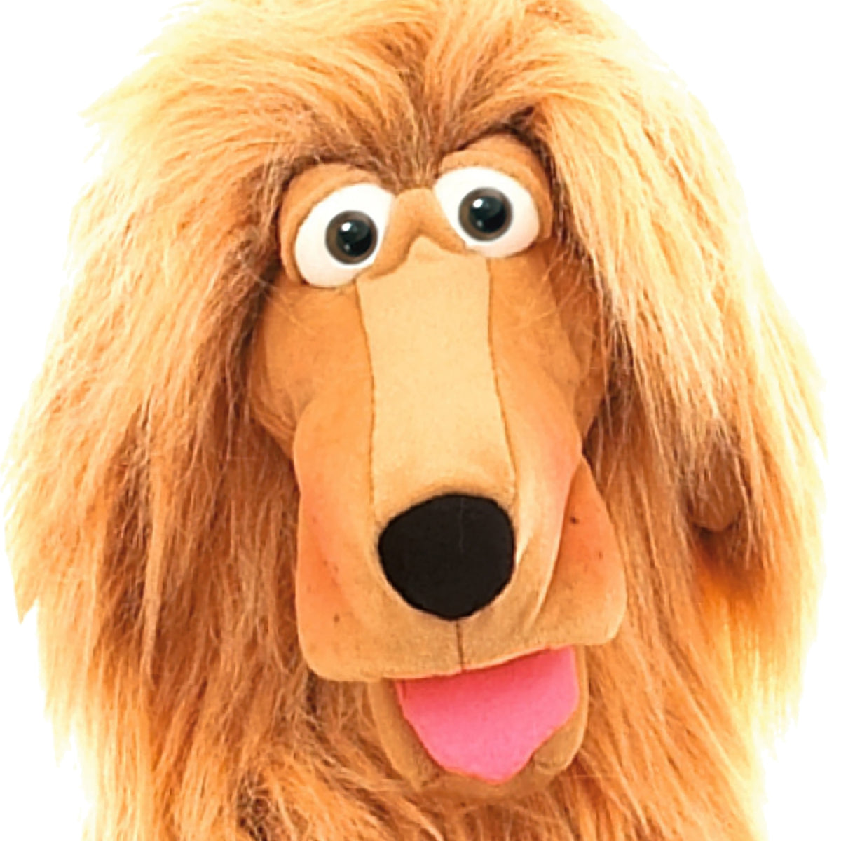 Living Puppets Honey Pup hand puppet with long golden-orange hair, orange face, and pink tongue