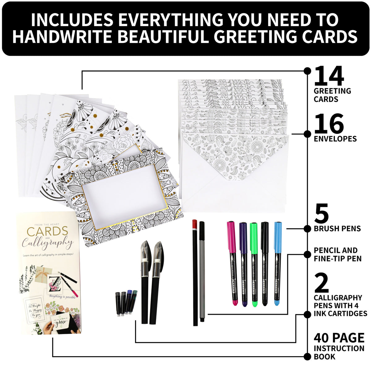 Sketch Plus Cards & Calligraphy kit with greeting cards, envelopes, brush pens, calligraphy pens, and instruction book
