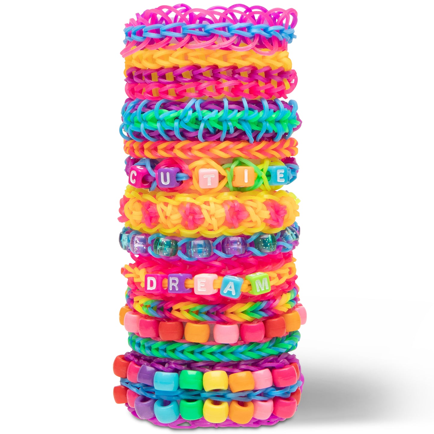 Rainbow Loom Bead Station with colorful rubber bands and beads stacked in vibrant neon colors
