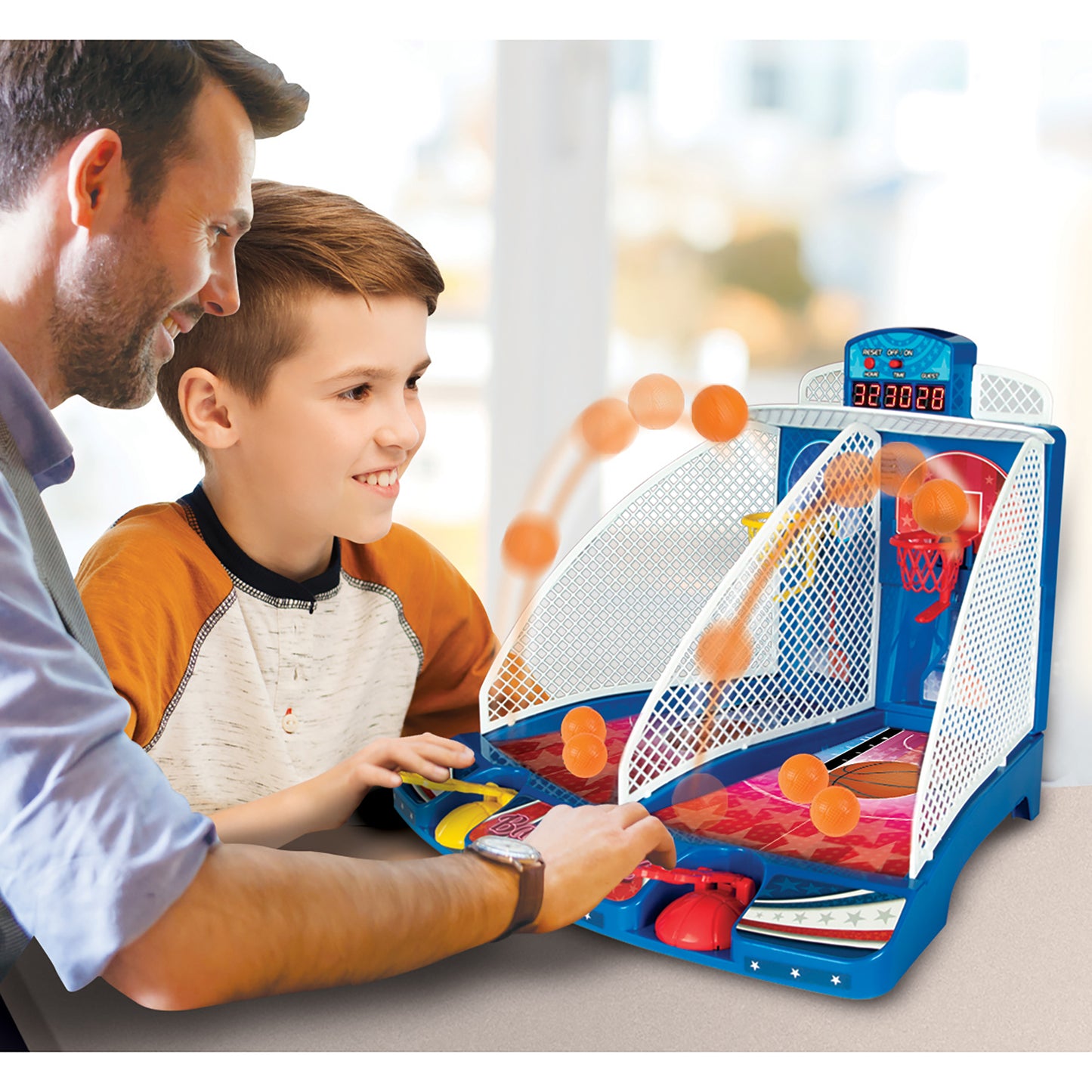 Retro Arcade Electronic Basketball game with blue and white net, orange balls, and digital scoreboard