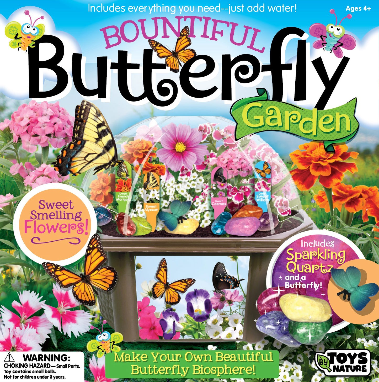 Bountiful Butterfly Garden box showing clear biosphere dome with colorful flowers, butterflies, sparkling quartz, and soil included for making your own butterfl