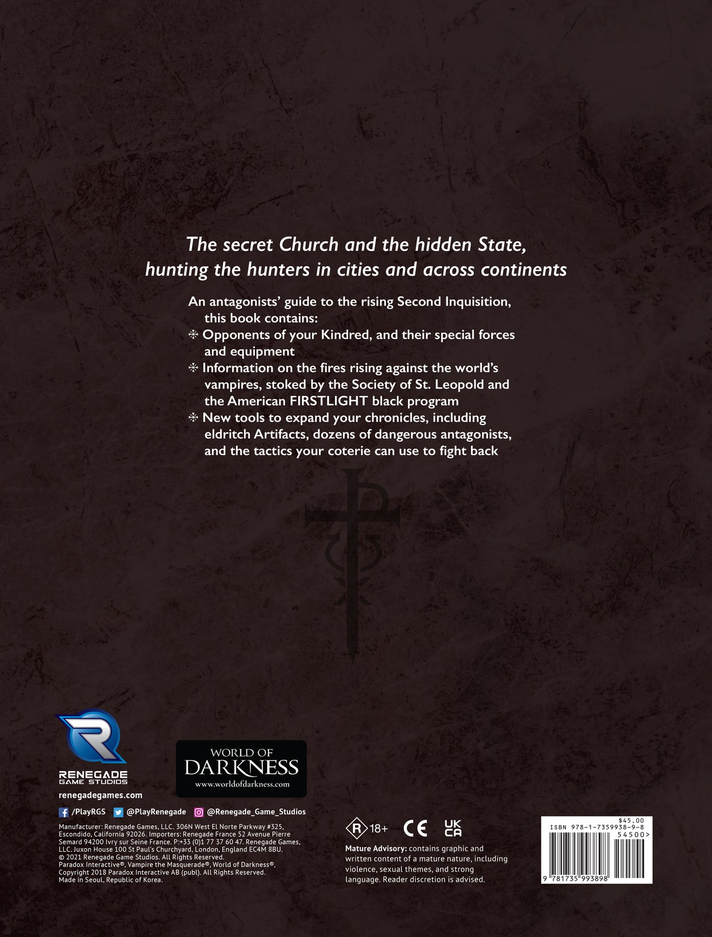 Vampire: The Masquerade 5th Edition Second Inquisition RPG book cover with dark textured background