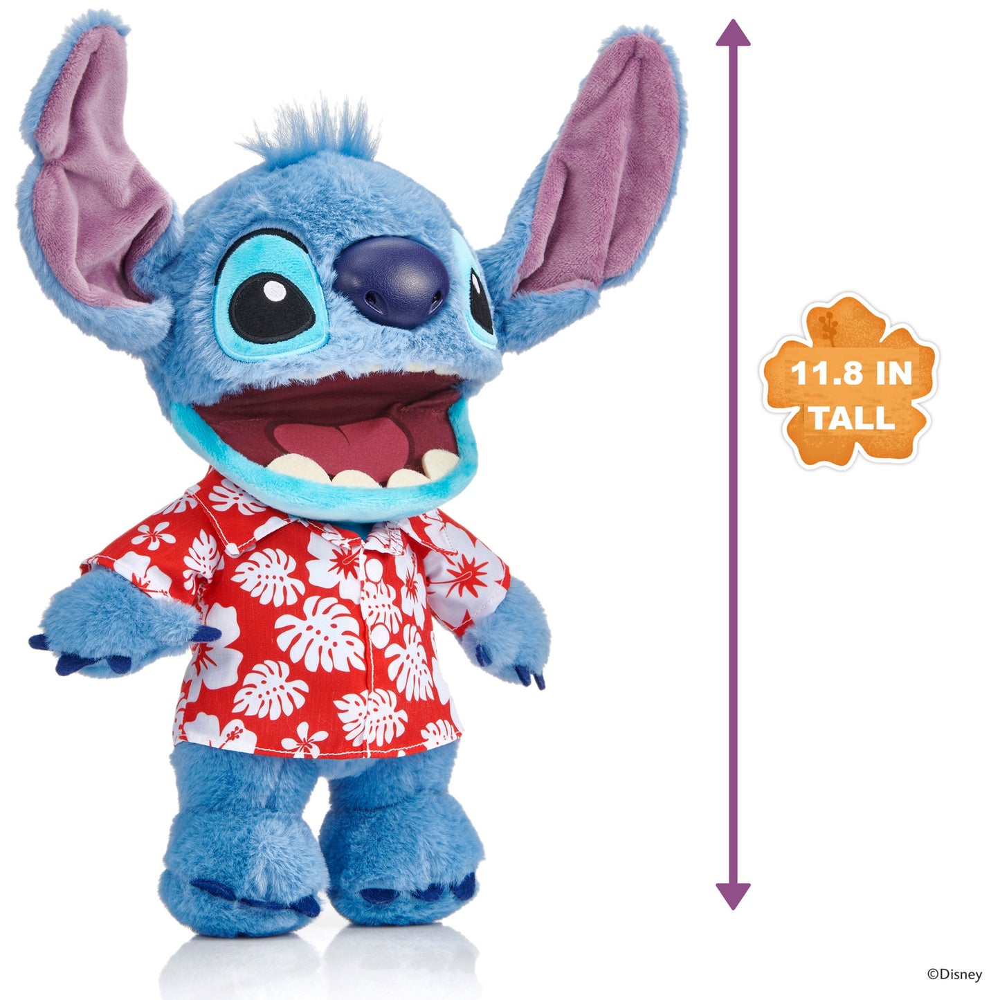Disney Hawaiian Chatty Stitch Deluxe Puppetronic plush toy, 11.8 inches tall, blue with pink ears and red floral shirt