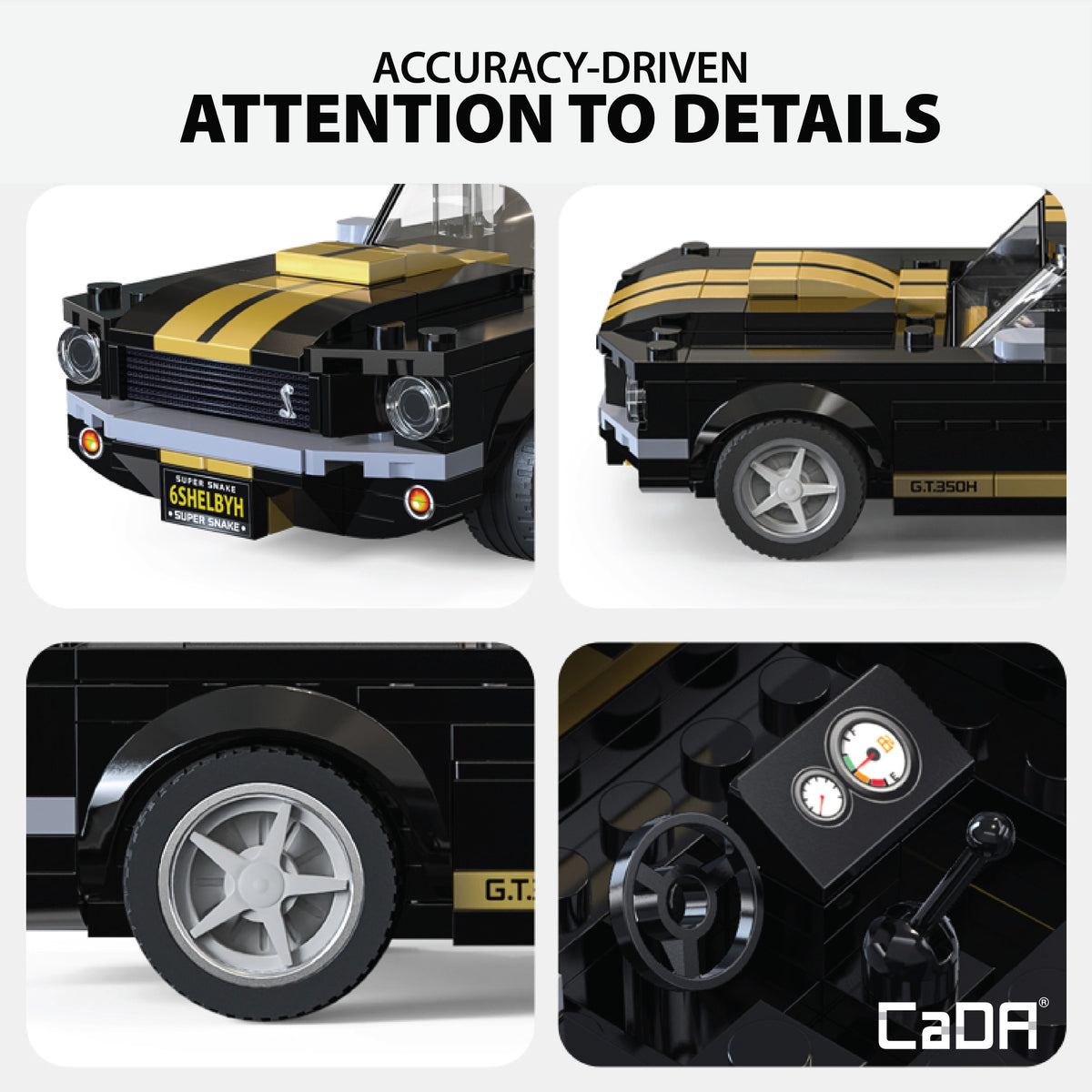 CaDA Shelby GT 350H building set showing black muscle car with yellow racing stripes, detailed wheels, interior dashb...