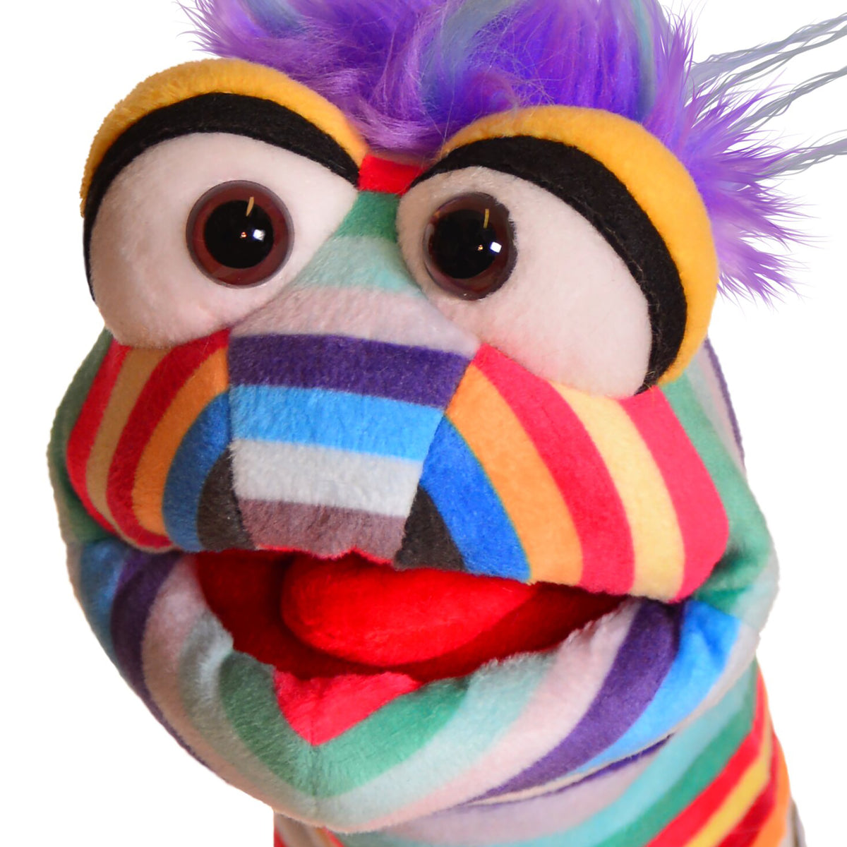 Living Puppets Pocky Sock hand puppet with colorful rainbow stripes, purple feathered hair, and movable mouth