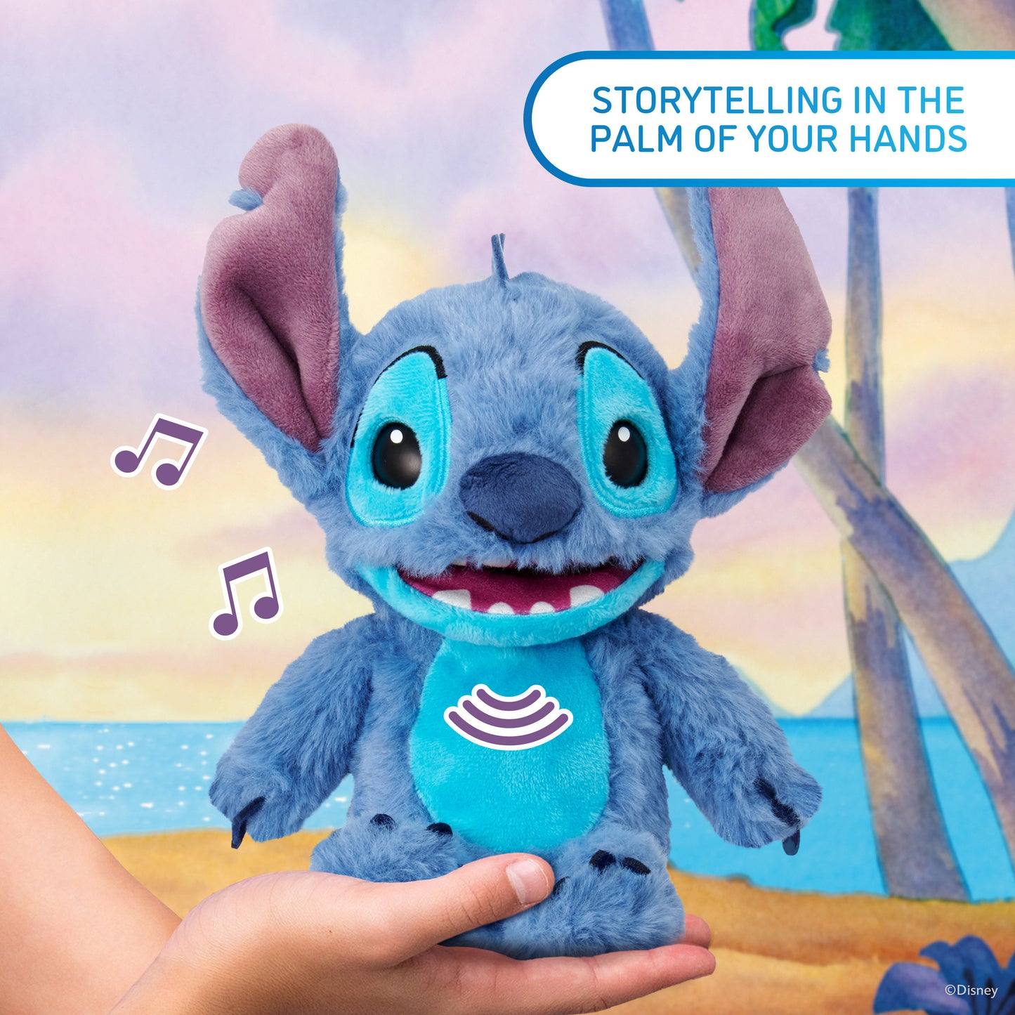 Disney Stitch Palm Puppetronic blue plush toy with interactive sounds and actions in hand