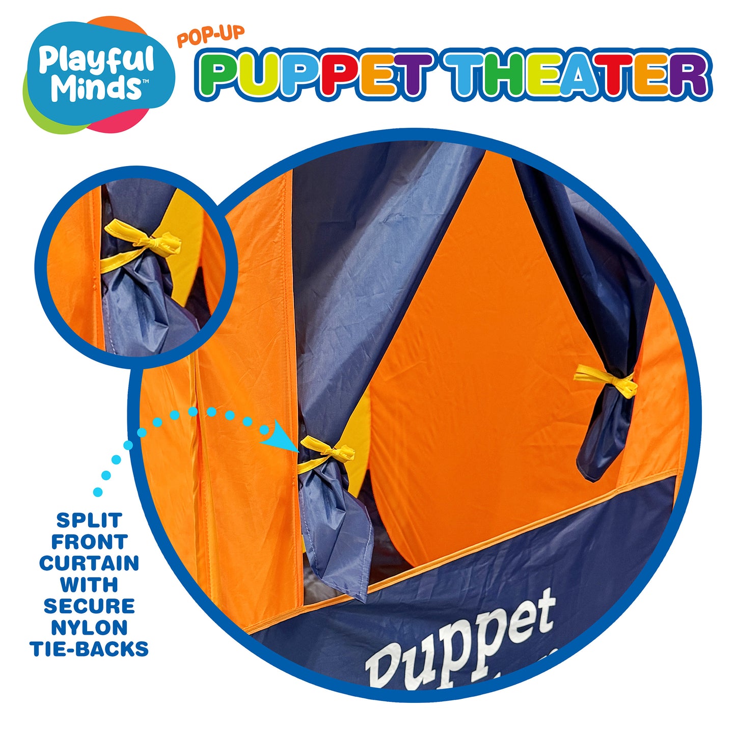 Playful Minds Pop-Up Puppet Theater Tent for Kids - Orange & Blue
