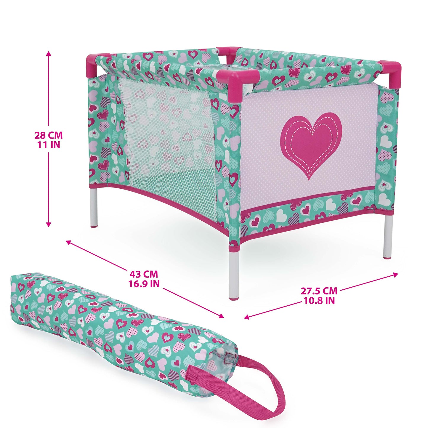 Mint Heart Bouncer Doll Play Set with turquoise and pink heart pattern, includes carrying bag