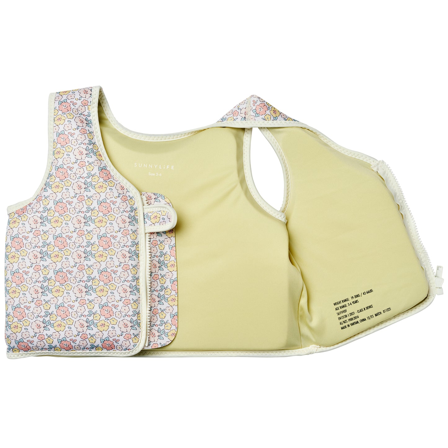 Float Vest 3-6 Into the Garden in ditsy floral print with yellow lining
