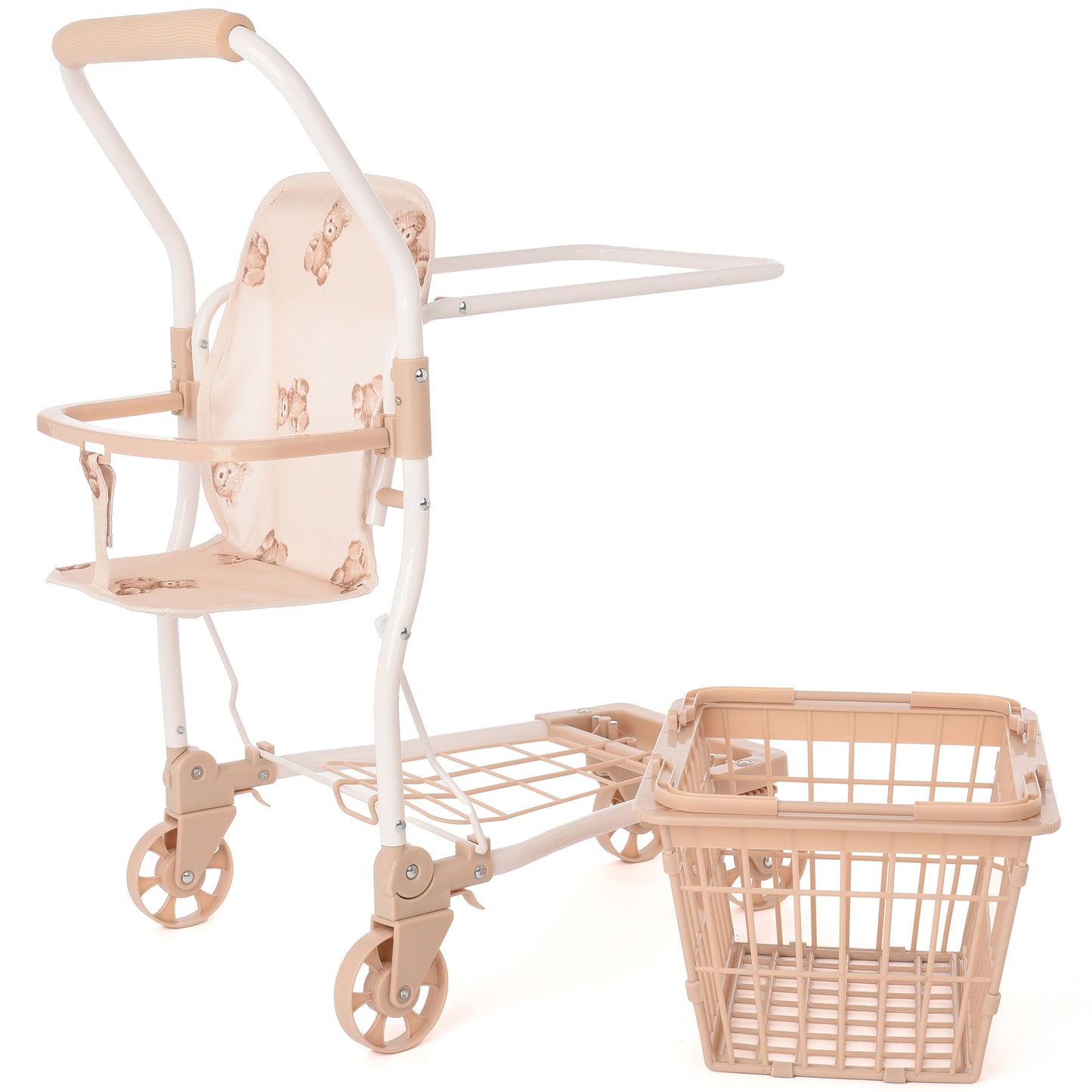 Roma Teddy Shopping Trolley with doll seat, basket, and teddy bear pattern in cream