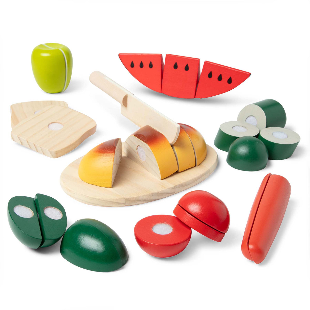 Wooden Cutting Food Chef Play Set with colorful fruits, cutting board, and knife toy