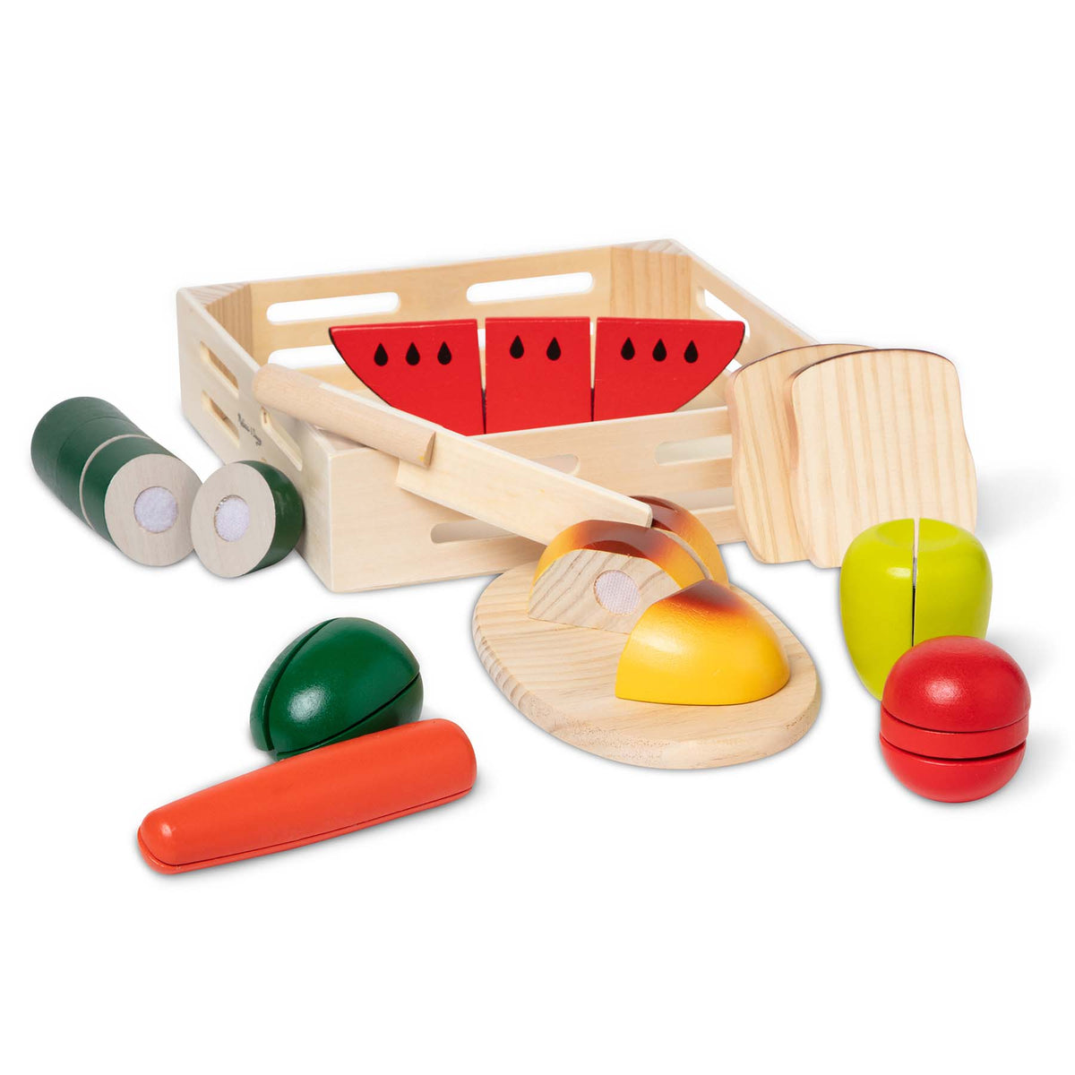 Wooden Cutting Food Chef Play Set with colorful fruits, cutting board, knife and storage crate