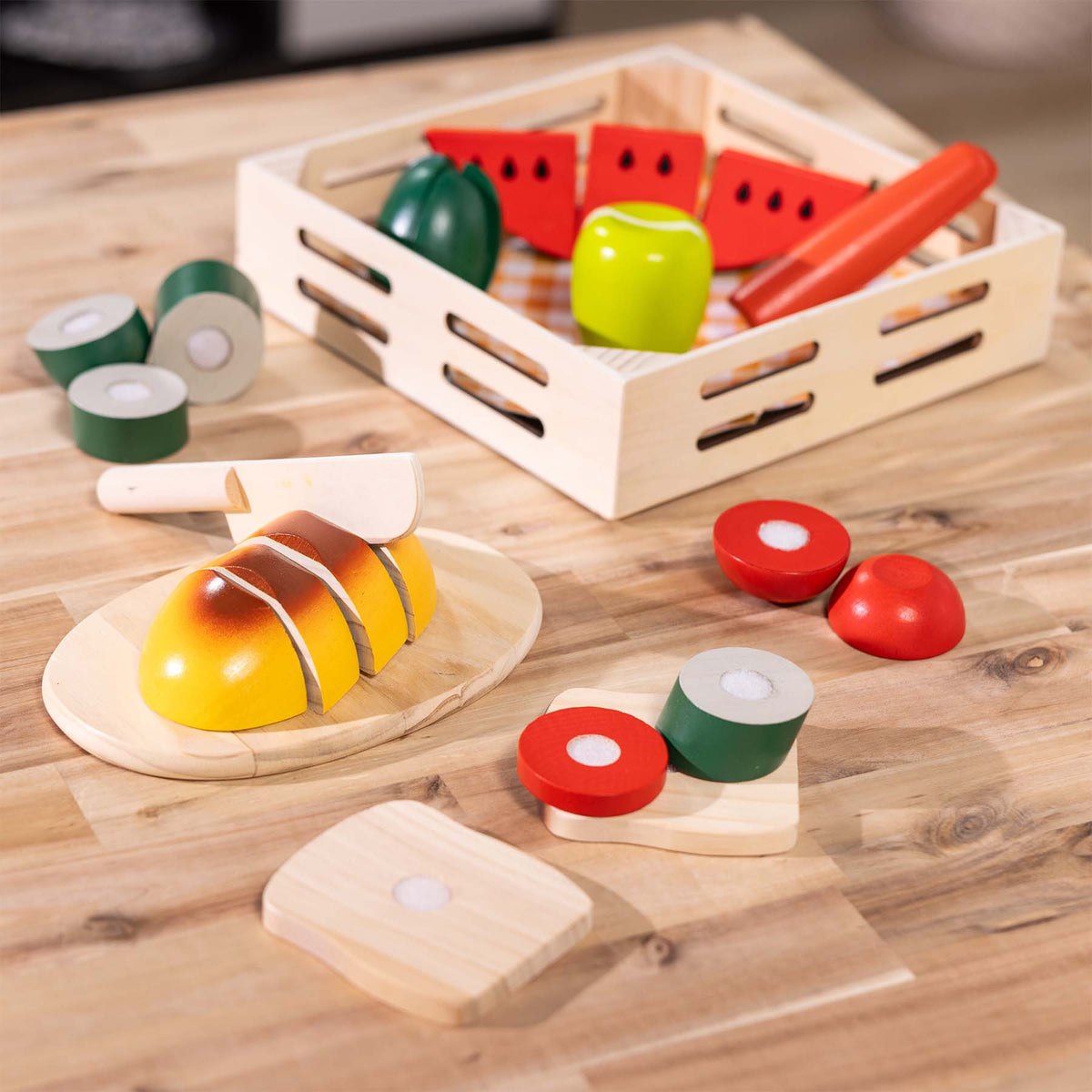 Wooden Cutting Food Chef Play Set with colorful fruits, cutting board, and knife toy