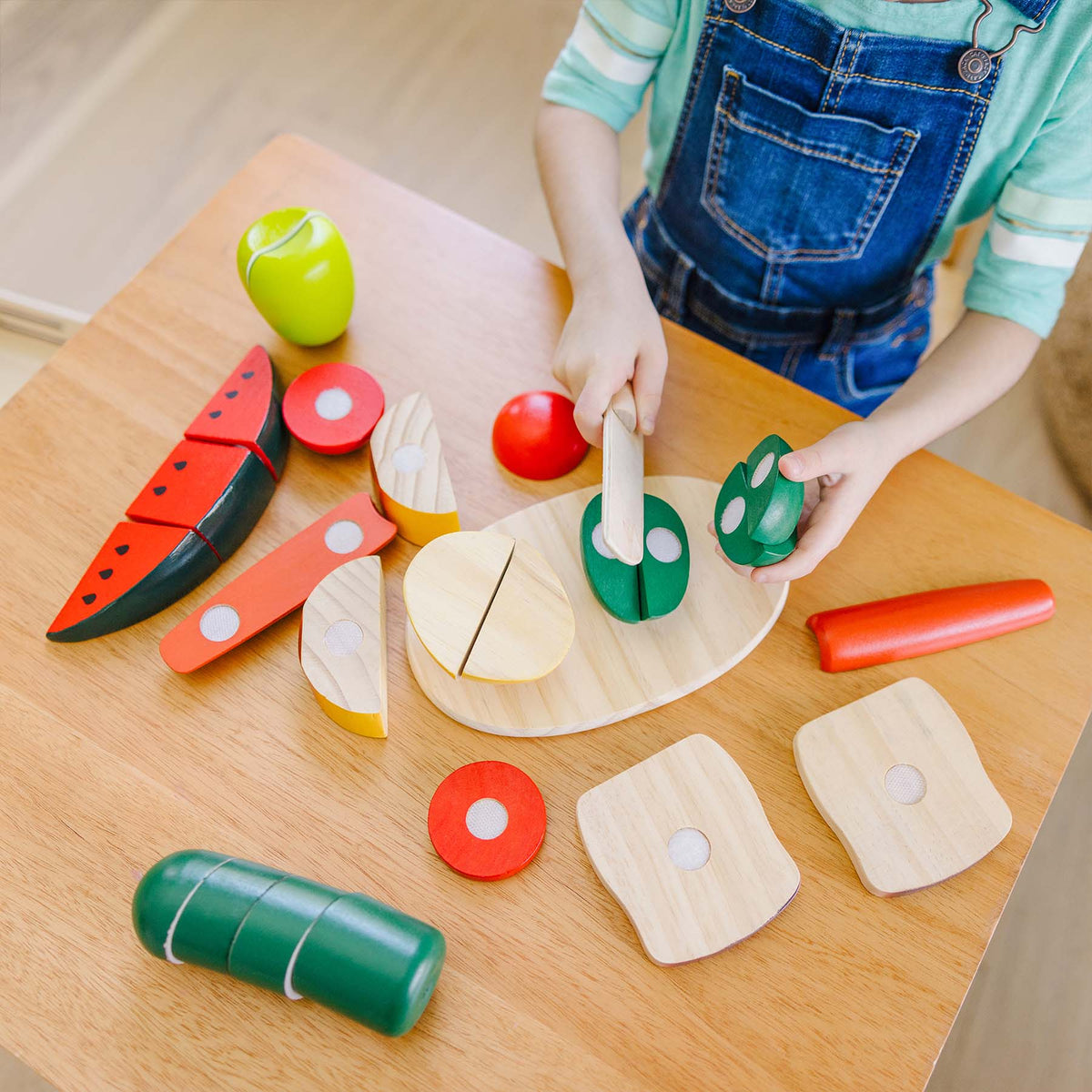 Wooden Cutting Food Chef Play Set with colorful fruits and vegetables on cutting board with knife