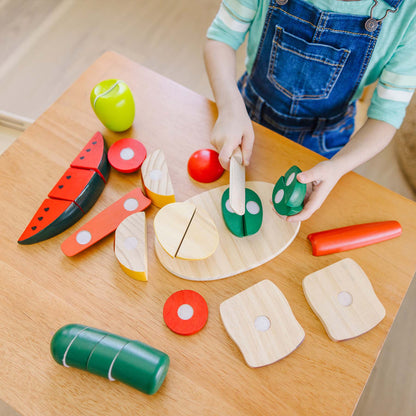 Wooden Cutting Food Chef Play Set with colorful fruits and vegetables on cutting board with knife