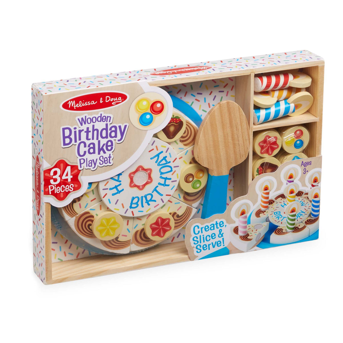 Melissa & Doug Wooden Birthday Cake Play Set with 34 pieces including cake, candles, and accessories