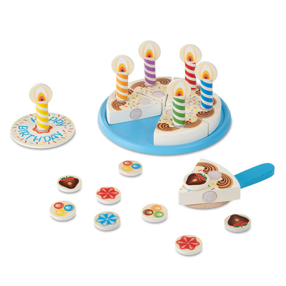 Melissa & Doug Birthday Cake Wooden Pretend Play Food Set with colorful striped candles, cake slices, and accessories