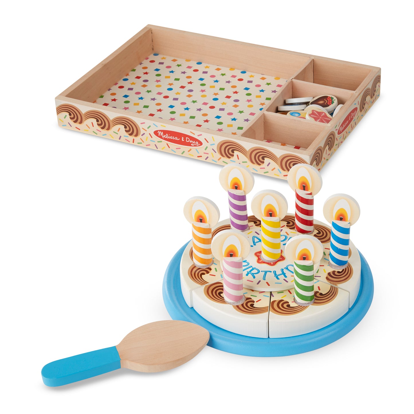Melissa & Doug Birthday Cake wooden pretend play set with colorful striped candles, sliceable pieces, and storage box