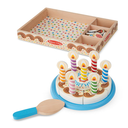Melissa & Doug Birthday Cake wooden pretend play set with colorful striped candles, sliceable pieces, and storage box