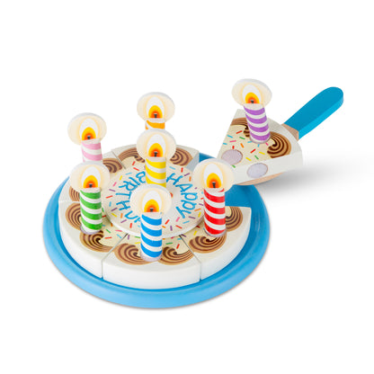 Melissa & Doug Birthday Cake Wooden Pretend Play Set with colorful striped candles and sliceable pieces