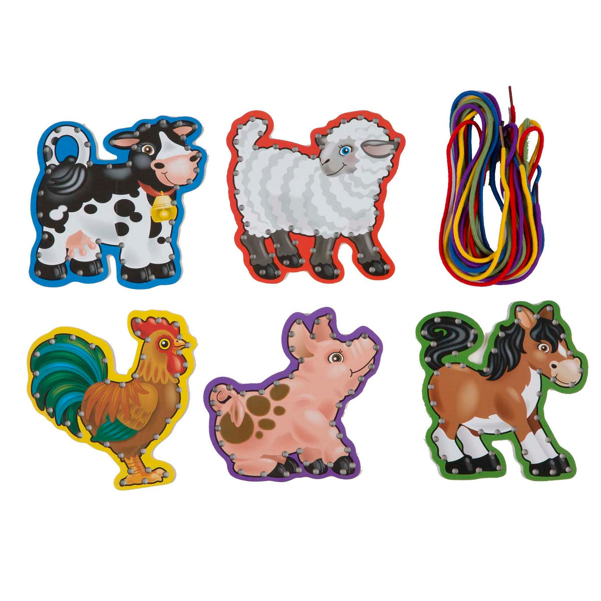 Lace & Trace Farm Wooden Lacing Set with colorful farm animals including cow, sheep, rooster, pig, and horse with lac...
