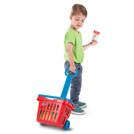 Melissa & Doug Fill & Roll Grocery Basket Play Set with red basket, blue handle, and toy food items