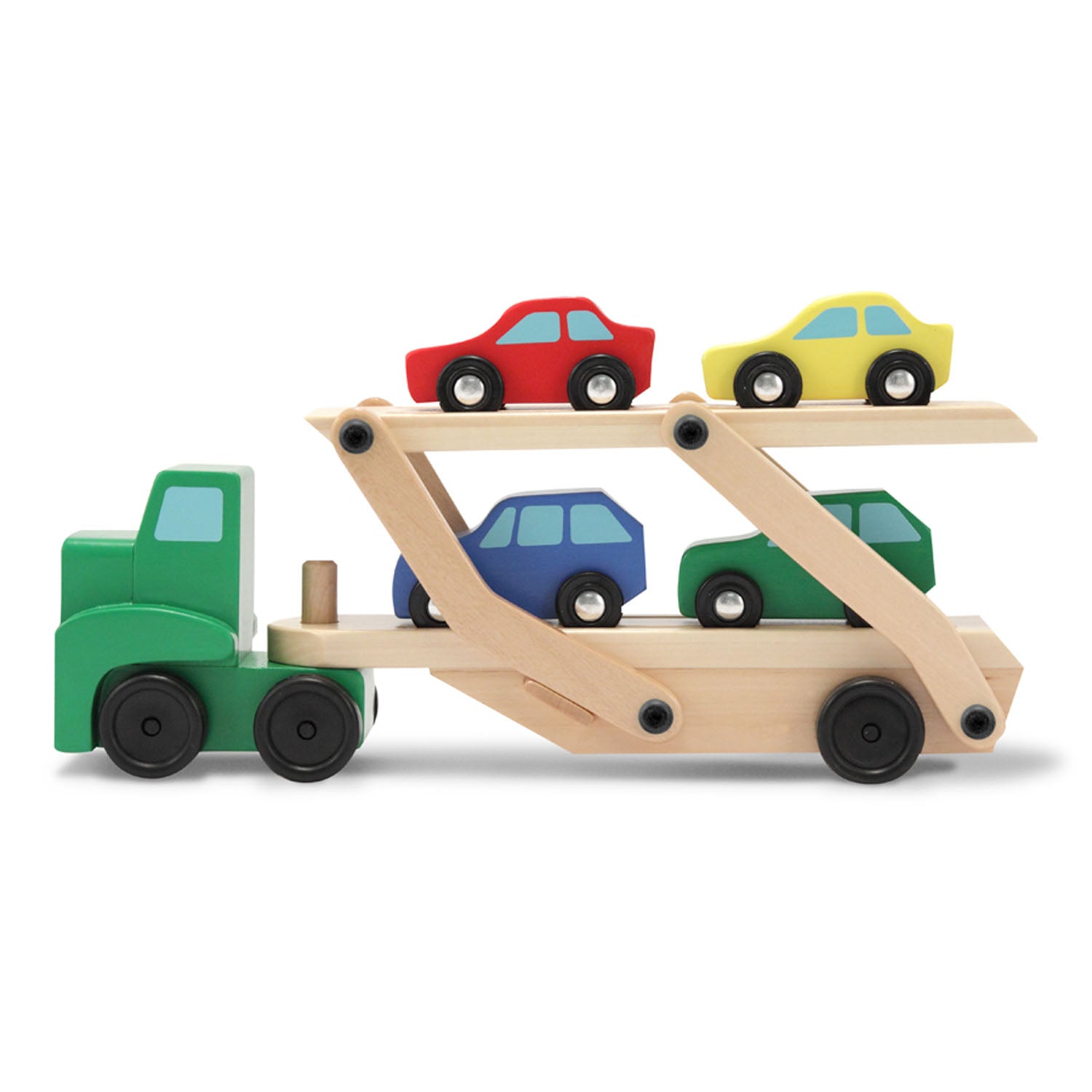 Melissa & Doug Wooden Car Carrier Truck with 4 colorful wooden cars in red, yellow, blue, and green