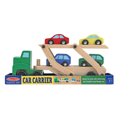 Melissa & Doug Wooden Car Carrier with 4 colorful wooden cars and folding ramp