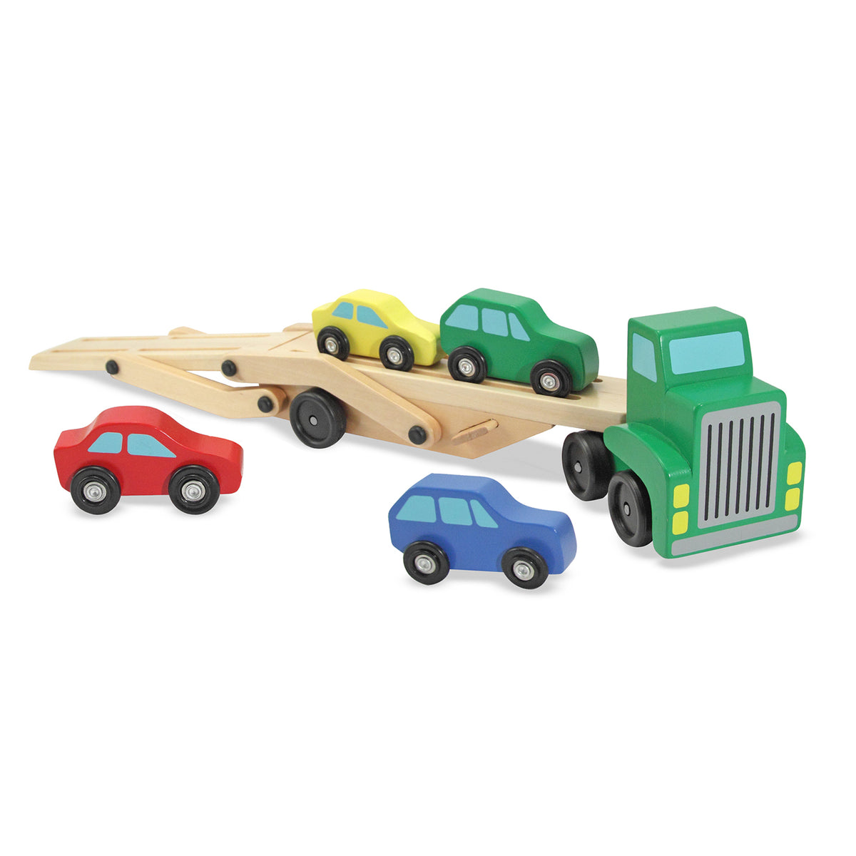 Melissa & Doug Wooden Car Carrier Truck with 4 colorful wooden cars in red, yellow, blue, and green