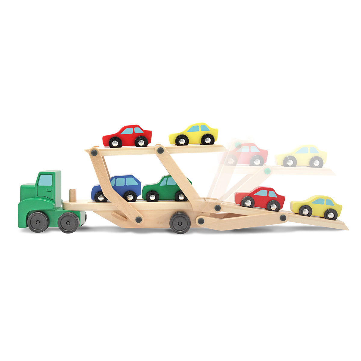 Melissa & Doug Wooden Car Carrier Truck with 4 colorful wooden cars in red, yellow, blue, and green
