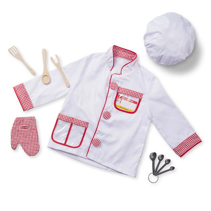 Chef Role Play Costume Set with white and red gingham apron, hat, wooden utensils and measuring spoons