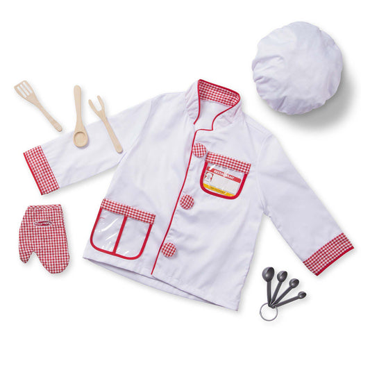 Chef Role Play Costume Set with white and red gingham apron, hat, wooden utensils and measuring spoons