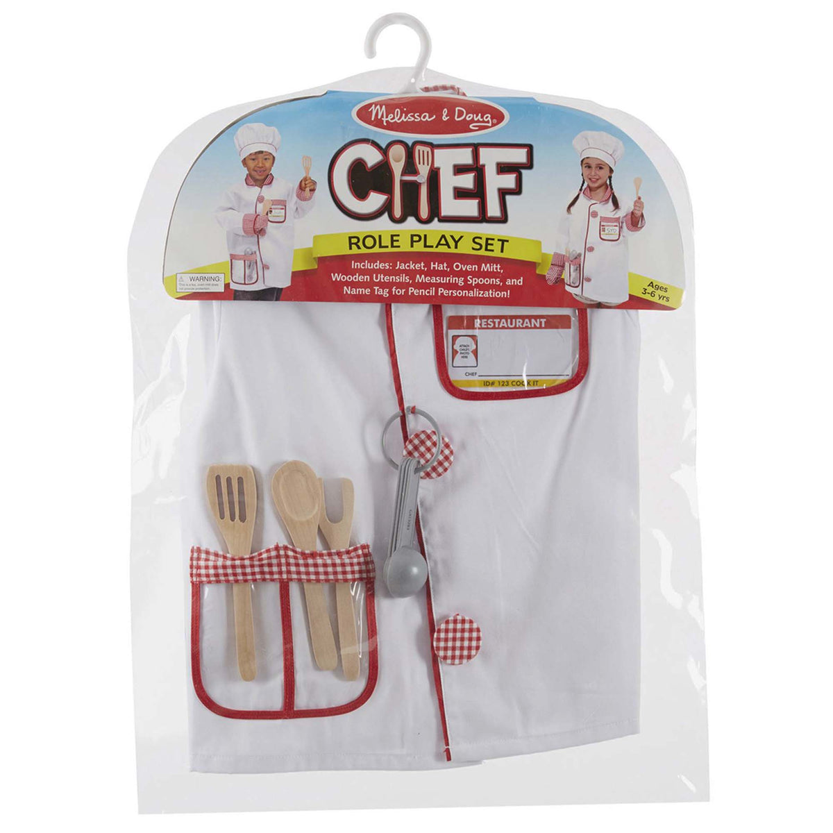 Melissa & Doug Chef Role Play Costume Set with white jacket, hat, wooden utensils and accessories