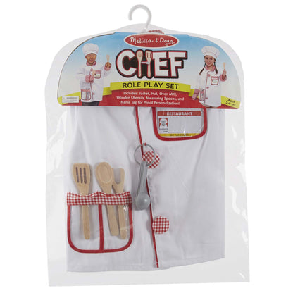Melissa & Doug Chef Role Play Costume Set with white jacket, hat, wooden utensils and accessories