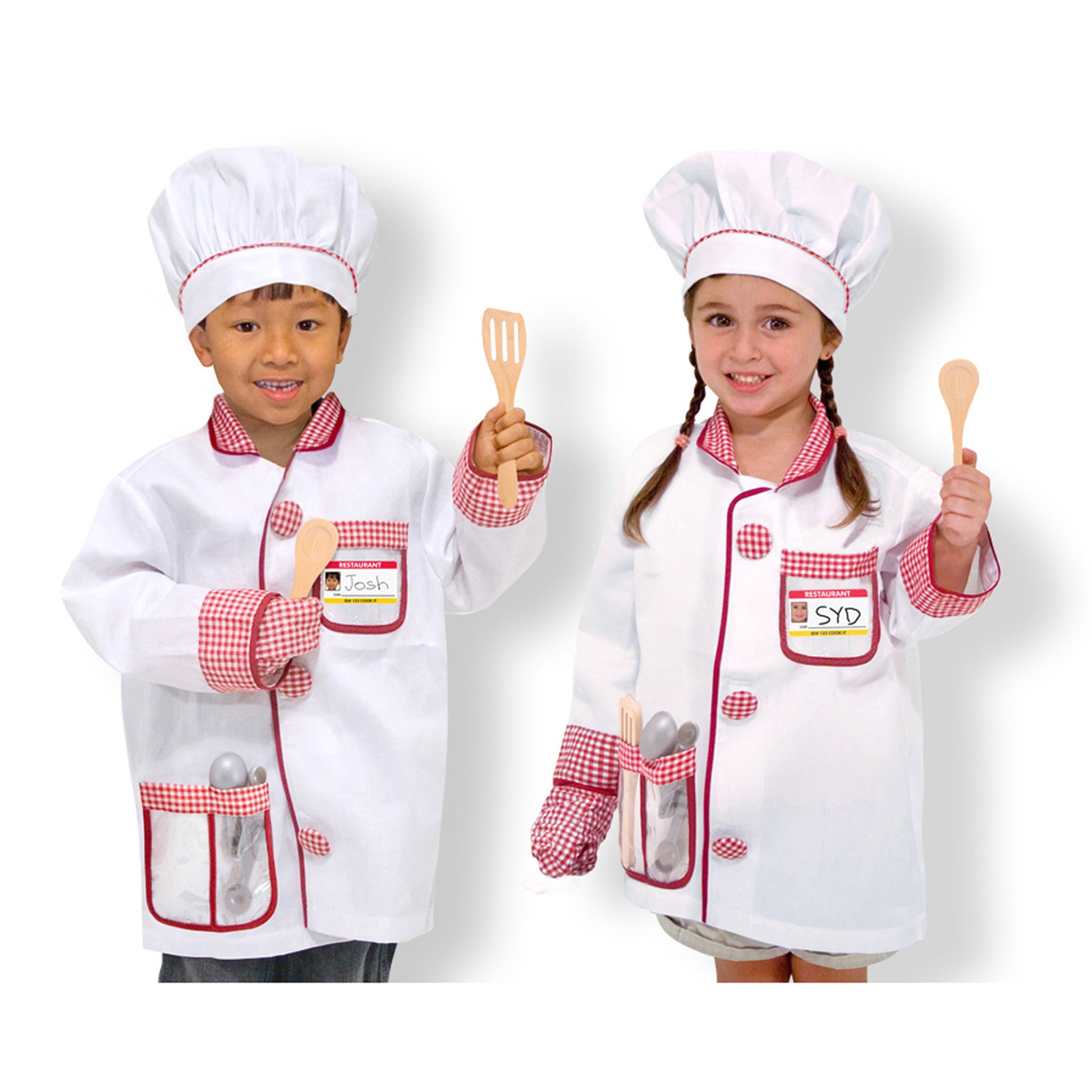 Chef Role Play Costume Set with white coat, red gingham trim, chef hat, and wooden accessories