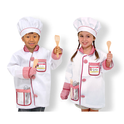 Chef Role Play Costume Set with white coat, red gingham trim, chef hat, and wooden accessories