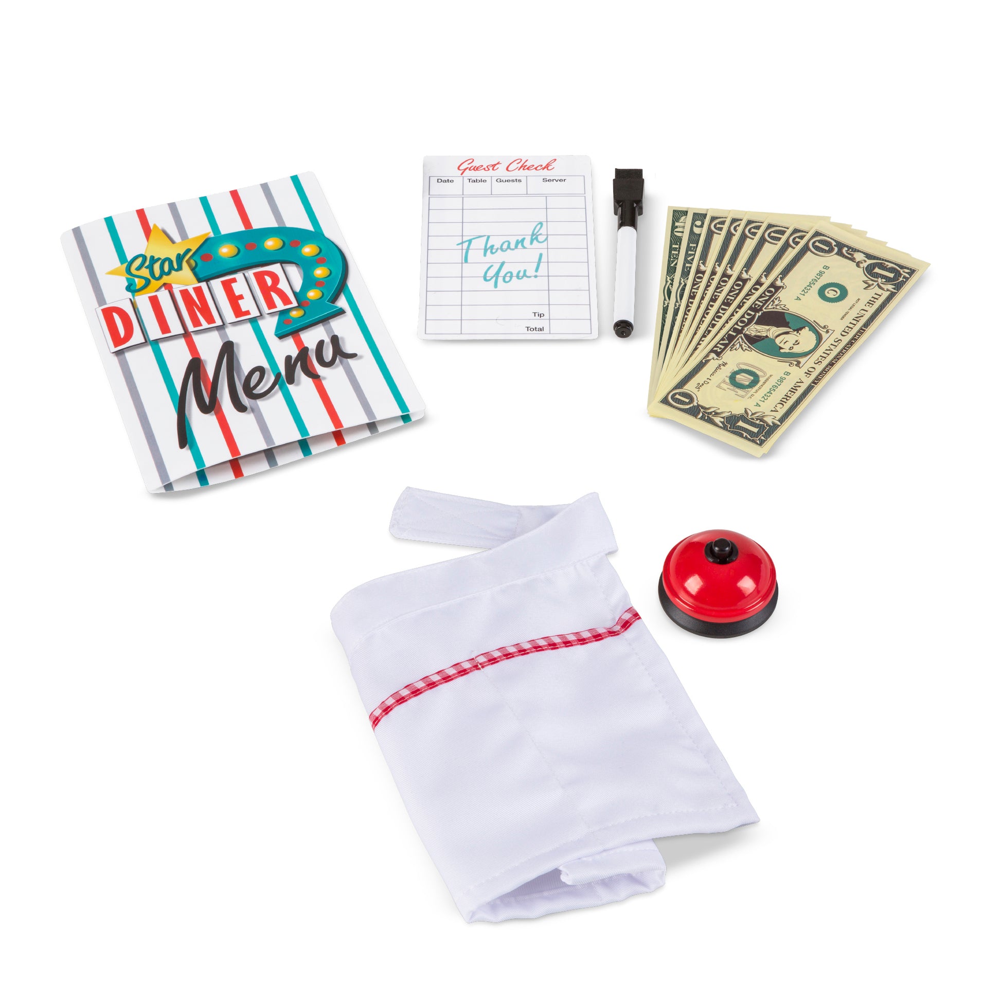 Star Diner Restaurant Play Set 41-Piece with menu, check pad, money, bell, and apron