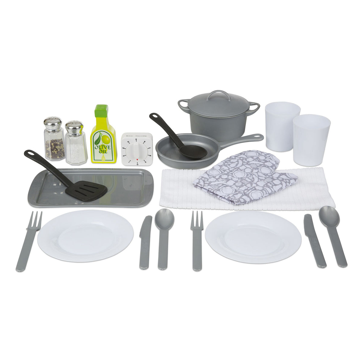 Pretend Play Kitchen Chef Accessory Set with 20 pieces including gray cookware, white dishes, and utensils